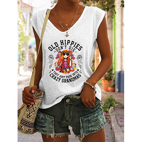 

Women's T shirt Tee Vest Black White Pink Print Text Sleeveless Daily Holiday Basic V Neck Regular Loose Fit Geometric S