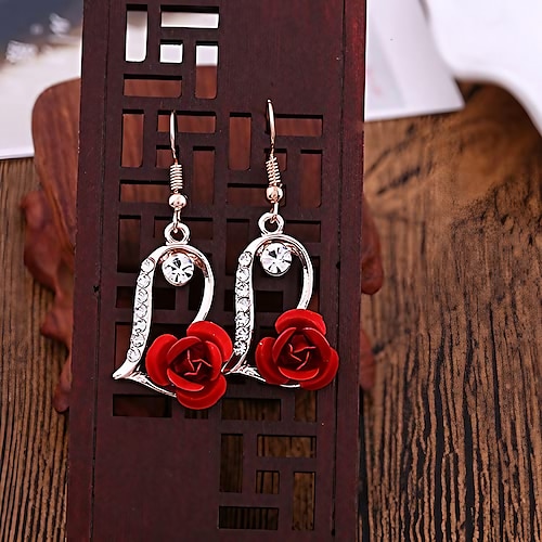 

sweet romantic ethnic red rose drop earrings rhinestone earrings vintage for women rose gold spiral dangle earring (red rose tassel drop earrings-heart shape)