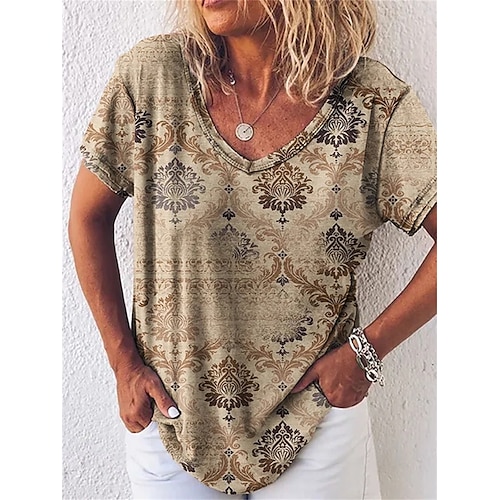 

Damen T Shirt Khaki Graphic Bedruckt Kurzarm Täglich Wochenende Basic V Ausschnitt Standard Farbe S