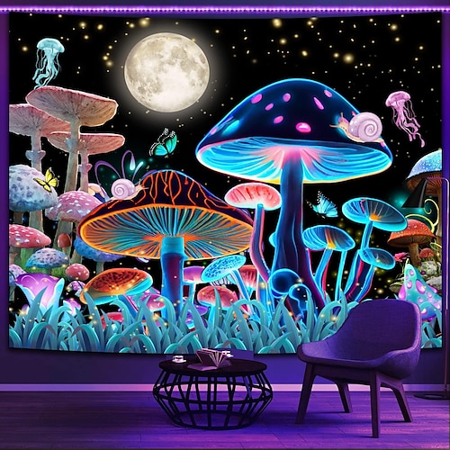 

Blacklight tapisserie uv réactif trippy lune brumeux champignon nature paysage suspendu tapisserie mur art mural pour salon chambre