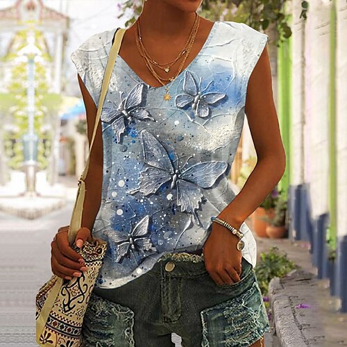 

Damen Tank Top Rosa Blau Grün Schmetterling Bedruckt Ärmellos Casual Basic V Ausschnitt Standard Schmetterling S