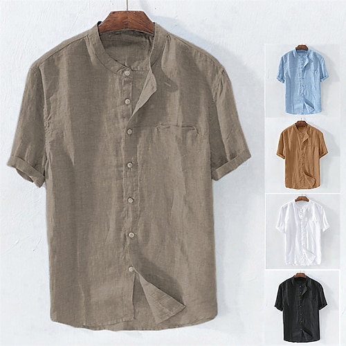 

Men's Linen Shirt Summer Shirt Beach Shirt Apricot Black White Short Sleeve Plain Standing Collar Summer Spring Outdoor Daily Clothing Apparel Button-Down