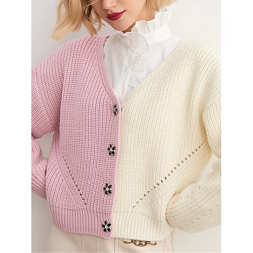 

Damen Strickjacke Strickwaren Gerippt Stricken Patchwork Taste Farbblock V Ausschnitt Stilvoll Brautkleider schlicht Täglich Ausgehen Sommer Herbst Schwarz Rosa S