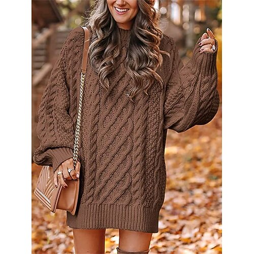 

Mujer Vestido de suéter Puente Cable Tejer De Gran Tamaño Color sólido Cuello Alto Elegante Sensual Exterior Diario Otoño Invierno Negro Blanco S M L