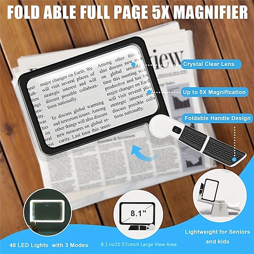 

Full-Page 5X Magnifying Glass For Reading Large Folding Lighted Magnifier With 48 LED Lights (3Modes) Rectangular Handhold Magnify Lens Gifts For Seniors Reading Books Prints