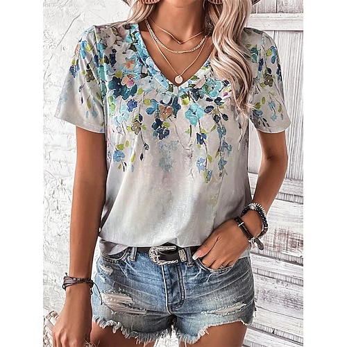 

Mulheres Camiseta Branco Cinzento Floral Pena Imprimir Manga Curta Diário Final de semana Básico Decote V Tema Flores Pintura