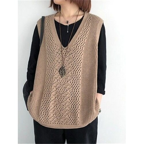 

Women's Sweater Vest Jumper Ribbed Knit Oversized Solid Color V Neck Stylish Casual Daily Going out Summer Spring Black Red One-Size