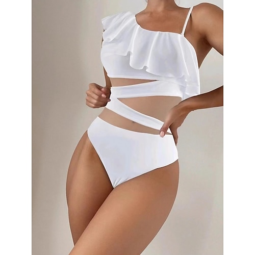 

Mulheres Roupa de Banho Uma pedaço Normal roupa de banho Frufru Com Transparência Tecido Preto Branco Acolchoado Maiô Com Alças Fatos de banho Sensual Moda Estilo bonito