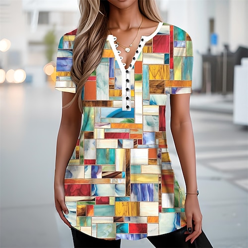 

Damen T Shirt Gelb Rote Blau Geometrisch Taste Bedruckt Kurzarm Täglich Wochenende Basic Rundhalsausschnitt Standard Geometrisch Farbe S