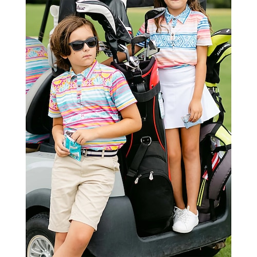 

Para Meninos Para Meninas Camisa polo de caminhada Camisa de golfe Pólo de botões Respirável Secagem Rápida Pavio Humido Manga Curta Vestuário de golfe Roupas de golfe Normal Botão Riscas Verão Tênis