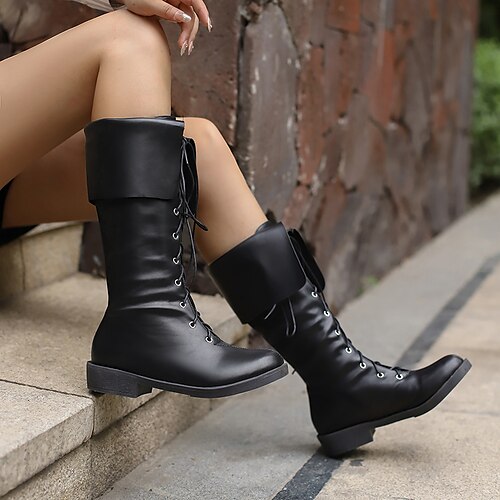 

Women's Boots Knee High Boots Motorcycle Boots Lace Up Boots Outdoor Daily Low Heel Fashion Casual Minimalism Walking Shoes Faux Leather Solid Color Black Brown