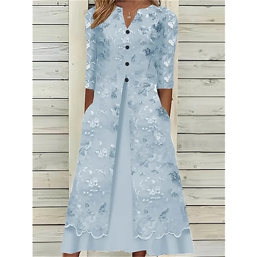 

Women's Floral Print Split Neck Midi Dress Elegant Daily Date 3/4 Length Sleeve Summer Spring