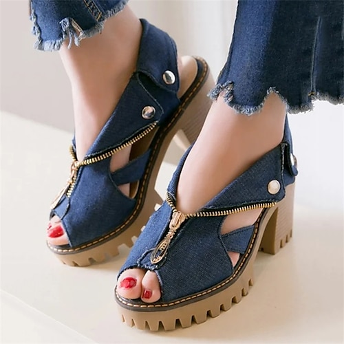 

Mulheres Sandálias Sandálias de calcanhar Sandálias com Plataforma Tamanhos Grandes Ao ar livre Praia Salto Robusto Peep Toe Moda Elegante Estilo industrial Jeans zíper Côr Sólida Azul Claro Azul