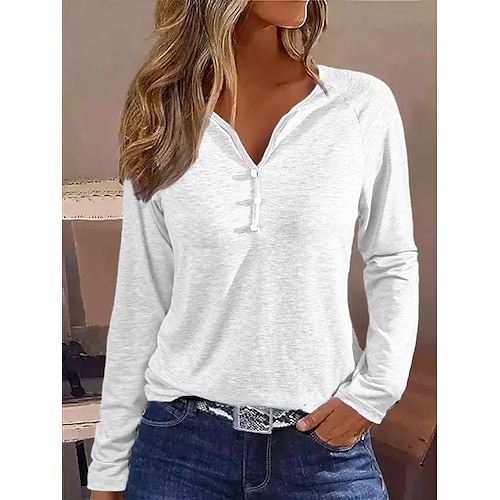 

Mulheres Camiseta Preto Branco Vermelho Tecido Botão Manga Longa Diário Final de semana Moda Básico Elegante Decote V Normal Outono & inverno