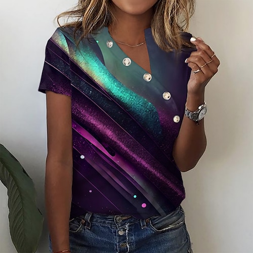

Mulheres Camiseta Azul Roxo Verde Gráfico Botão Imprimir Manga Curta Diário Final de semana Básico Decote V Padrão Abstrato Pintura S