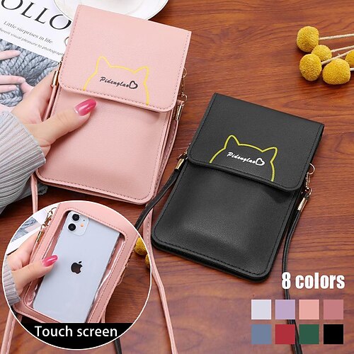 

Women's Crossbody Bag Shoulder Bag Mobile Phone Bag PU Leather Daily Holiday Print Touchscreen Waterproof Lightweight Solid Color Cat Deep Pink Black Pink