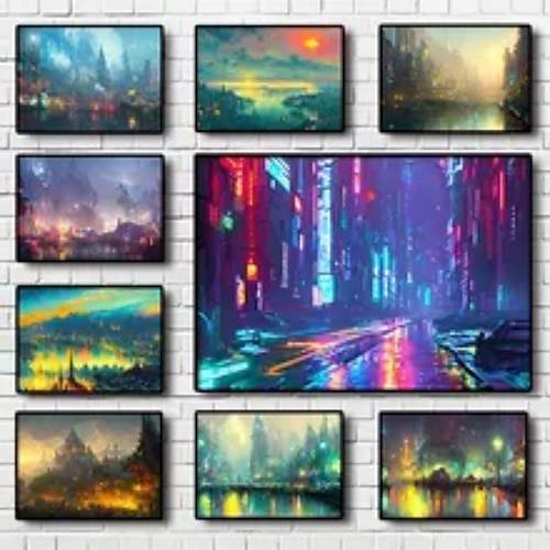 

paisagem arte da parede lona neon cyberpunk futuro cidade impressões e cartazes fotos pintura em tecido decorativo para sala de estar fotos sem moldura