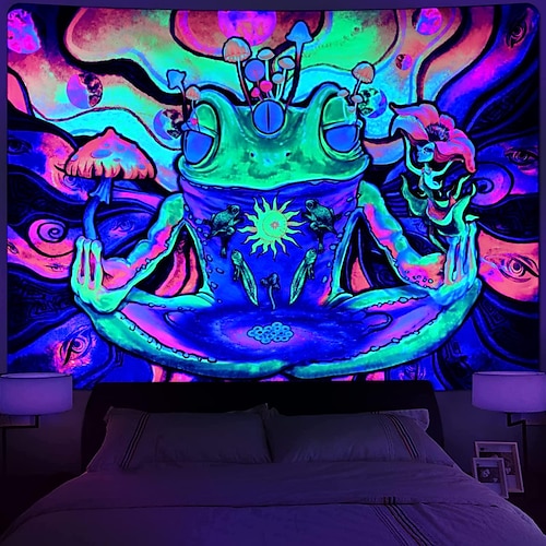 

grenouille hippie yeux lumière noire tapisserie uv réactif brumeux champignon nature paysage suspendu tapisserie art mural pour salon chambre soleil et lune