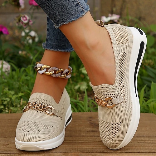 

Women's Sneakers Slip-Ons Plus Size Height Increasing Shoes Flyknit Shoes Daily Walking Summer Winter Rhinestone Buckle Wedge Heel Round Toe Casual Comfort Minimalism Tissage Volant Loafer Solid Color