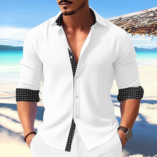 

Men's Shirt Linen Shirt Button Up Shirt Casual Shirt Summer Shirt Beach Shirt Black White Blue Long Sleeve Polka Dot Turndown Spring & Summer Casual Daily Clothing Apparel
