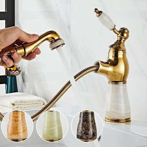 

Traditionelle Badezimmerarmaturen mit ausziehbarem Waschbecken, kurz/hoch, Vintage-Messing-Wasserhähne, Keramik-Einhandgriff, mit Kalt- und Warmwasserschlauch