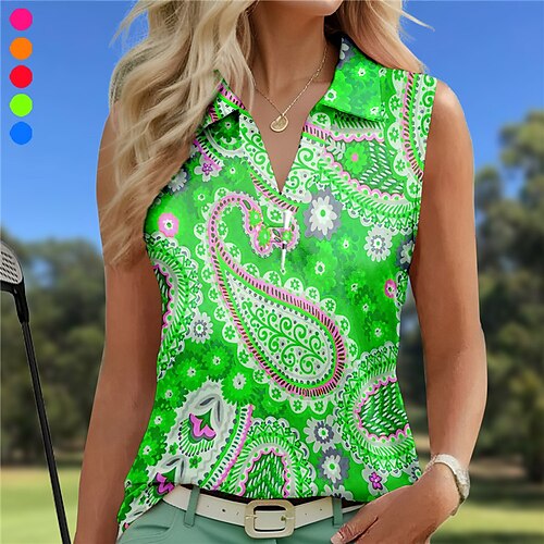 

Mulheres Camisa polo de caminhada Camisa de golfe Respirável Secagem Rápida Pavio Humido Sem Manga Vestuário de golfe Roupas de golfe Normal Em V Estampado Verão Tênis Golfe Pickleball