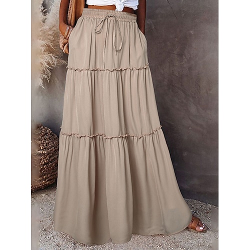 

Damen Lose Rock Maxi Polyester Violett Schwarz Gelb Rote Röcke Sommer Rüschen Rüsche Kordelzug Hoher Taillenbund Modisch Brautkleider schlicht Strasse Täglich S M L