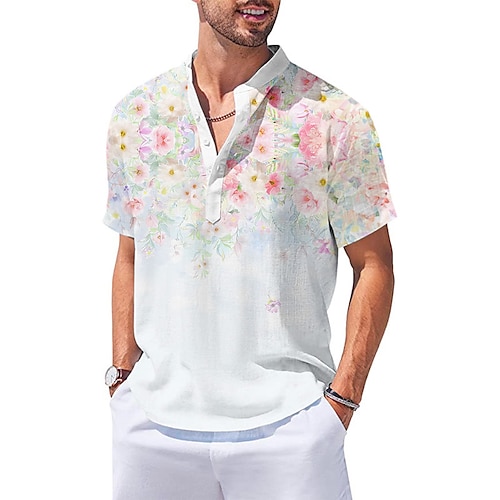 

Homens Camisa Social camisa de linho Floral Estampas Abstratas Colarinho Chinês Rosa Azul Cinzento Ao ar livre Rua Manga Curta Imprimir Roupa Linho Moda Roupa de rua Designer Casual