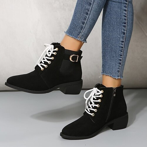 

Women's Boots Martin Boots Plus Size Work Boots Outdoor Daily Winter Buckle Zipper Chunky Heel Round Toe Vintage Elegant Casual Faux Suede PU Lace-up Solid Color Black khaki