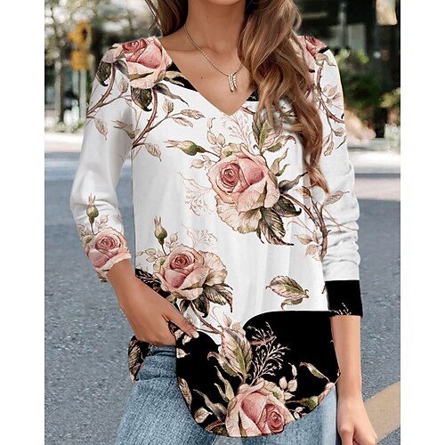 

Women's T shirt Tee Black White Light Green Floral Print Long Sleeve Holiday Weekend Basic V Neck Regular Floral Painting S