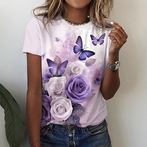 

Mulheres Camiseta Branco Azul Roxo Floral Borboleta Imprimir Manga Curta Feriado Final de semana Básico Decote Redondo Tema Flores Borboleta Pintura