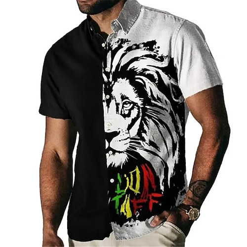 

Men's Shirt Summer Hawaiian Shirt Cat Lion Graphic Prints Oil Painting Turndown White Blue Light Blue Outdoor Street Short Sleeves Print Clothing Apparel Fashion Streetwear Designer Casual