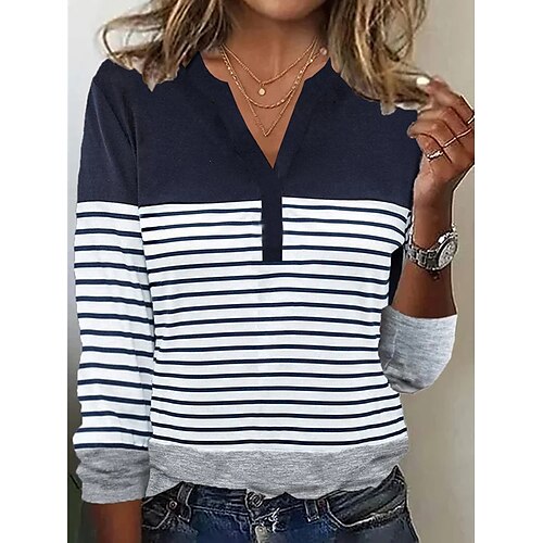 

Women's T shirt Tee Blue Striped Button Print Long Sleeve Daily Weekend Basic V Neck Regular Painting S