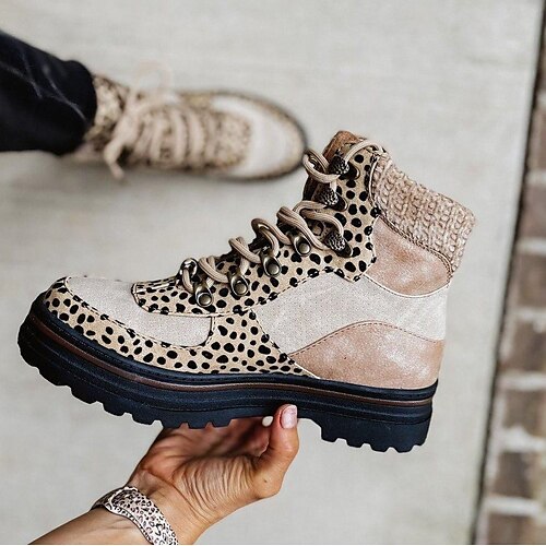 

Women's Boots Comfort Shoes Combat Boots Plus Size Outdoor Daily Platform Round Toe Vintage Casual Minimalism Walking Shoes Faux Leather Lace-up Leopard Color Block Silver Leopard Black