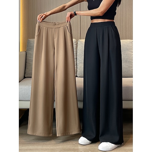 

Women's Dress Pants Wide Leg Maillard Trousers Full Length Pocket Baggy Micro-elastic High Waist Fashion Streetwear Work Street Black Blue M L Summer Fall