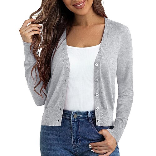 

Mulheres Sueter Cardigan Saltador Estriado Tricotar Cropped Botão Côr Sólida Decote V à moda Casual Ao ar livre Diário Verão Outono Preto Branco S M L