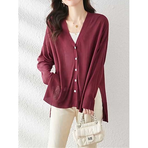 

Mujer Chaqueta de Punto Puente Estriado Tejer Botón Color sólido Escote en Pico Elegante Casual Exterior Diario Verano Otoño Negro Blanco M L XL