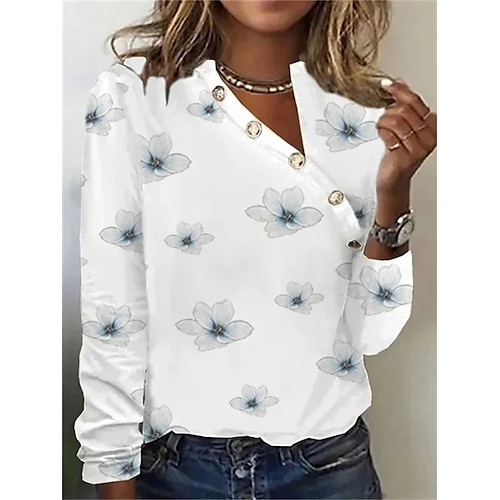 

Mulheres Camiseta Branco Floral Imprimir Manga Longa Feriado Final de semana Básico Decote V Padrão Tema Flores Pintura S