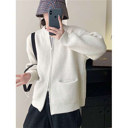 

Damen Strickjacke Strickwaren Gerippt Stricken Zip Tasche Feste Farbe Rundhalsausschnitt Stilvoll Brautkleider schlicht Täglich Verabredung Sommer Herbst Schwarz Rosa Braun Einheitsgröße
