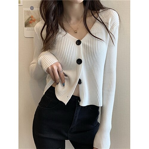 

Gilet Cardigan Maille Femme A côtes Tricoter Bouton Couleur unie Col V mode Décontractées Extérieur du quotidien manche longue Eté Automne Noir Blanche Taille unique