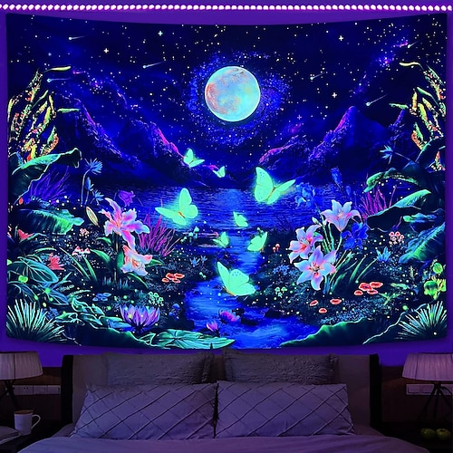 

Moon Landscape Blacklight Tapestry UV Reactive Misty Mushroom Nature Landscape Hanging Tapestry Wall Art Mural for Living Room Bedroom Flower Plant Butterfly Starry Night Mountain