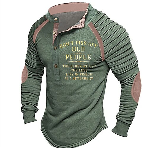 

Men's Henley Shirt Graphic Tee Cool Shirt Graphic Prints Slim Pleated Letter Print Old People Henley Hot Stamping Street Vacation Long Sleeve Button Print Clothing Apparel Fashion Designer Basic