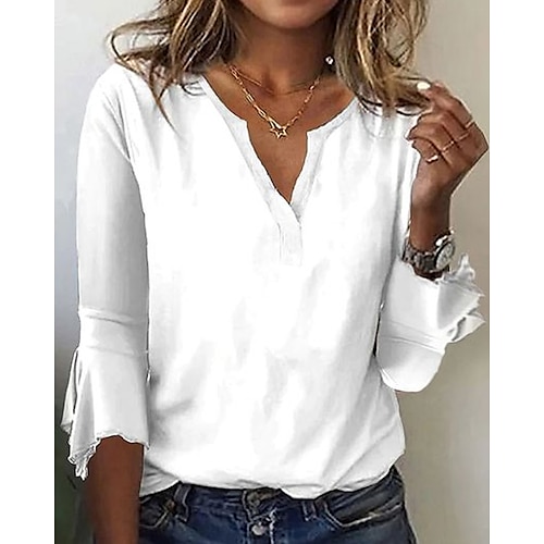 

Women's T shirt Tee White Plain 3/4 Length Sleeve Daily Weekend Basic V Neck Regular Painting S