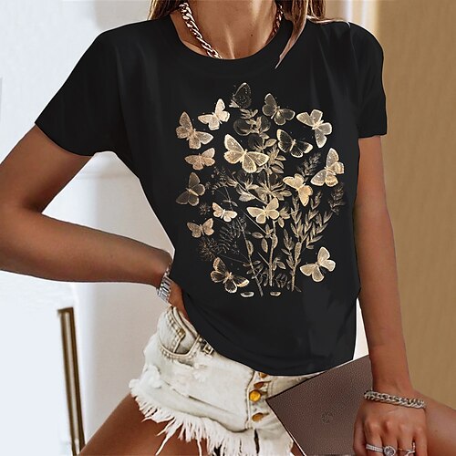 

T shirt Tee Femme Noir Blanche Rose Claire Papillon Imprimer Manche Courte du quotidien Fin de semaine basique Col Rond Normal Standard Papillon Peinture S