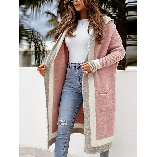 

Women's Cardigan Sweater Jumper Ribbed Knit Tunic Pocket Oversized Color Block Hooded Stylish Casual Daily Going out Summer Fall Pink Fuchsia S M L