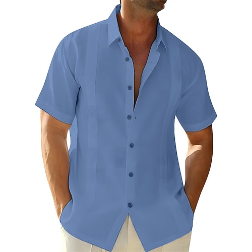 

Men's Guayabera Shirt Linen Shirt Summer Shirt Beach Shirt Black White Blue Short Sleeve Plain Turndown Spring & Summer Street Daily Clothing Apparel Button-Down