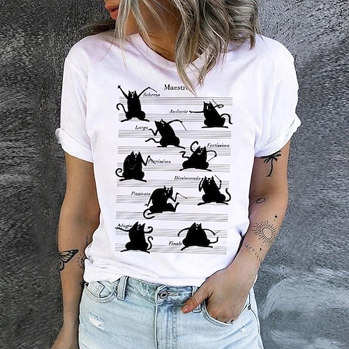 

Women's T shirt Tee Black White Pink Cat Text Print Short Sleeve Daily Weekend Basic Round Neck Regular Cat Painting S