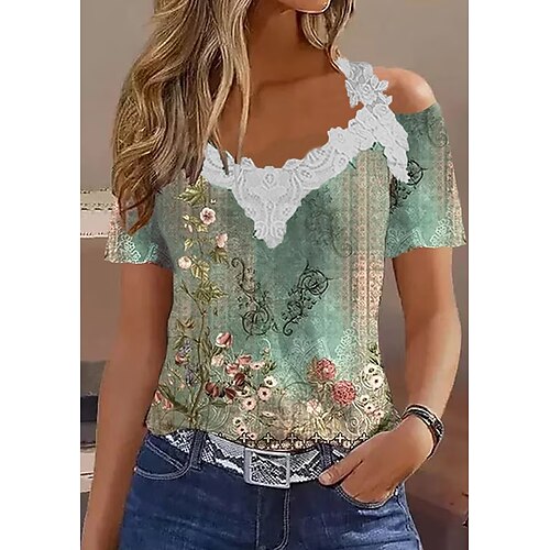 

Mujer Camiseta Blusa Verde Trébol Floral Encaje Cortado Manga Corta Casual Festivos Básico Escote en Pico Regular Flor S