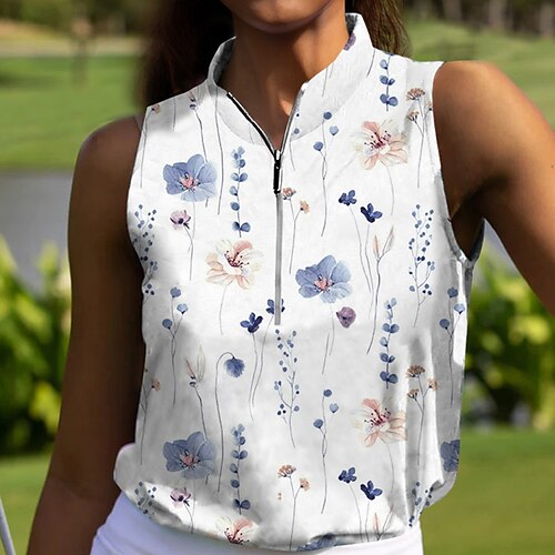 

Damen poloshirt Golfhemd Atmungsaktiv Schnelltrocknend Feuchtigkeitsableitung Ärmellos Golfbekleidung Golfkleidung Regular Fit Zip Stehkragen Blumen Sommer Tennis Golfspiel Pickleball