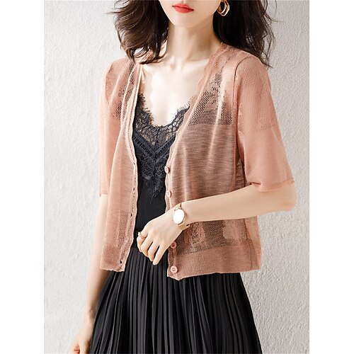 

Mulheres Sueter Cardigan Saltador Estriado Tricotar Buraco Côr Sólida Decote V à moda Casual Diário Encontro Verão Outono Preto Branco Tamanho Único